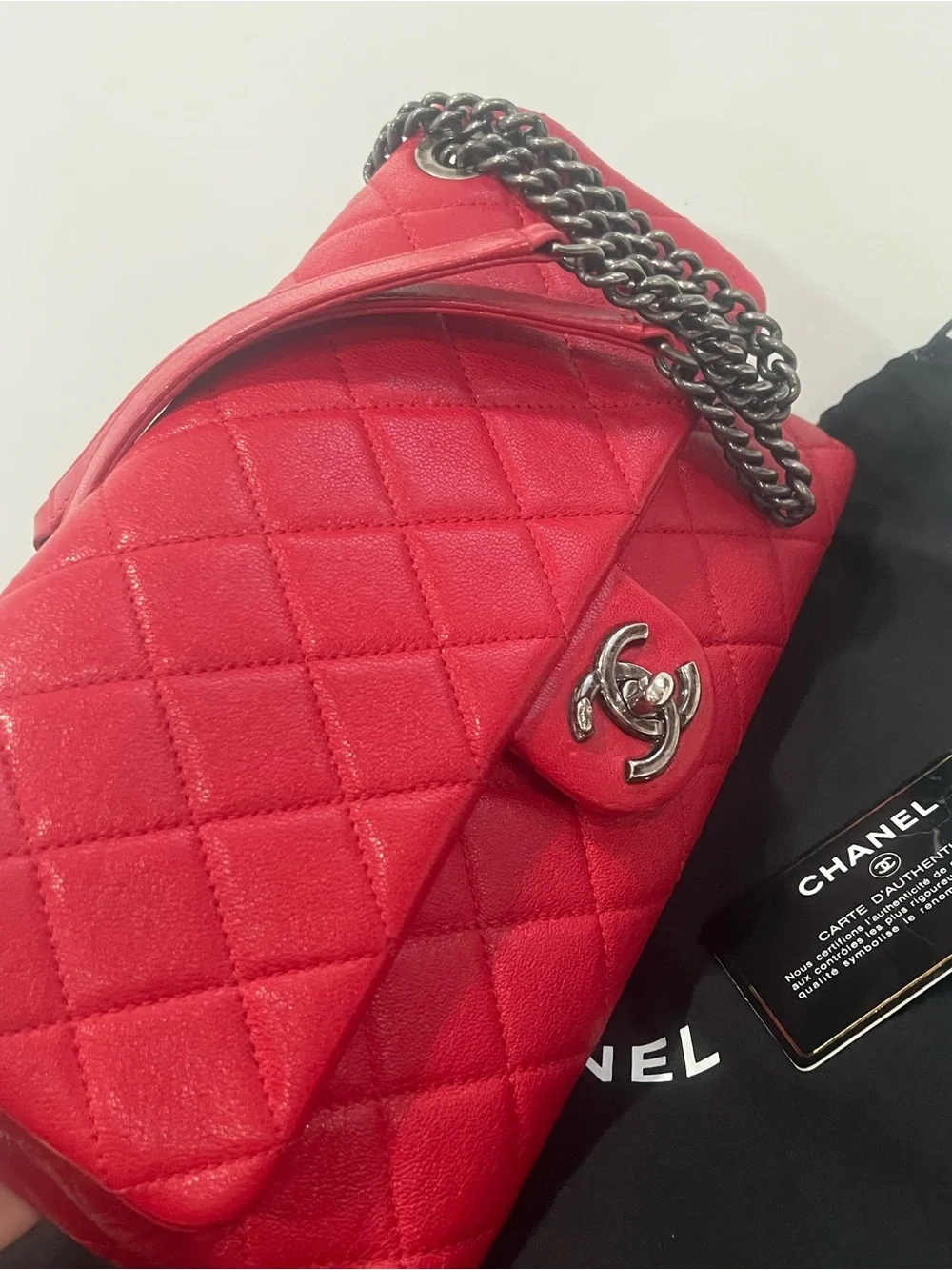 Chanel Quilted shiny Letaher Red Flap Bag